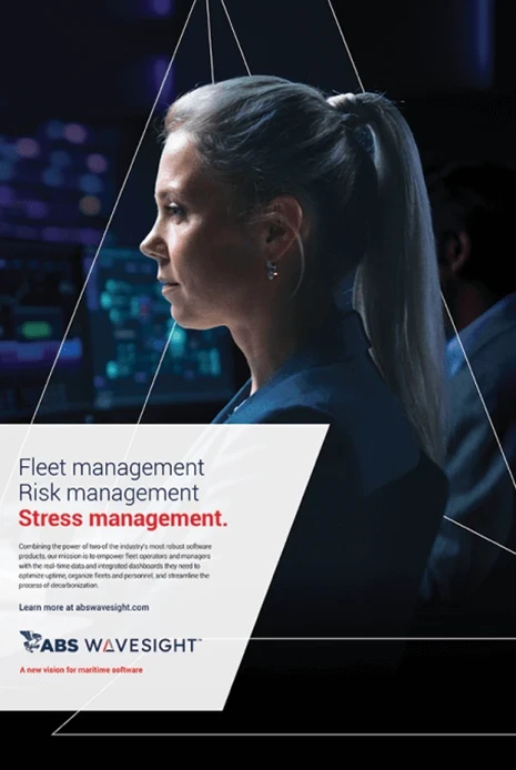 A full-page magazine ad for ABS Wavesight features a woman in a control center and the headline, “Fleet management. Risk management. Stress management.”