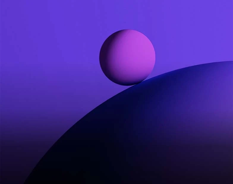 3D rendering of a small lavender sphere adjacent to a larger, dark purple sphere against a violet background.