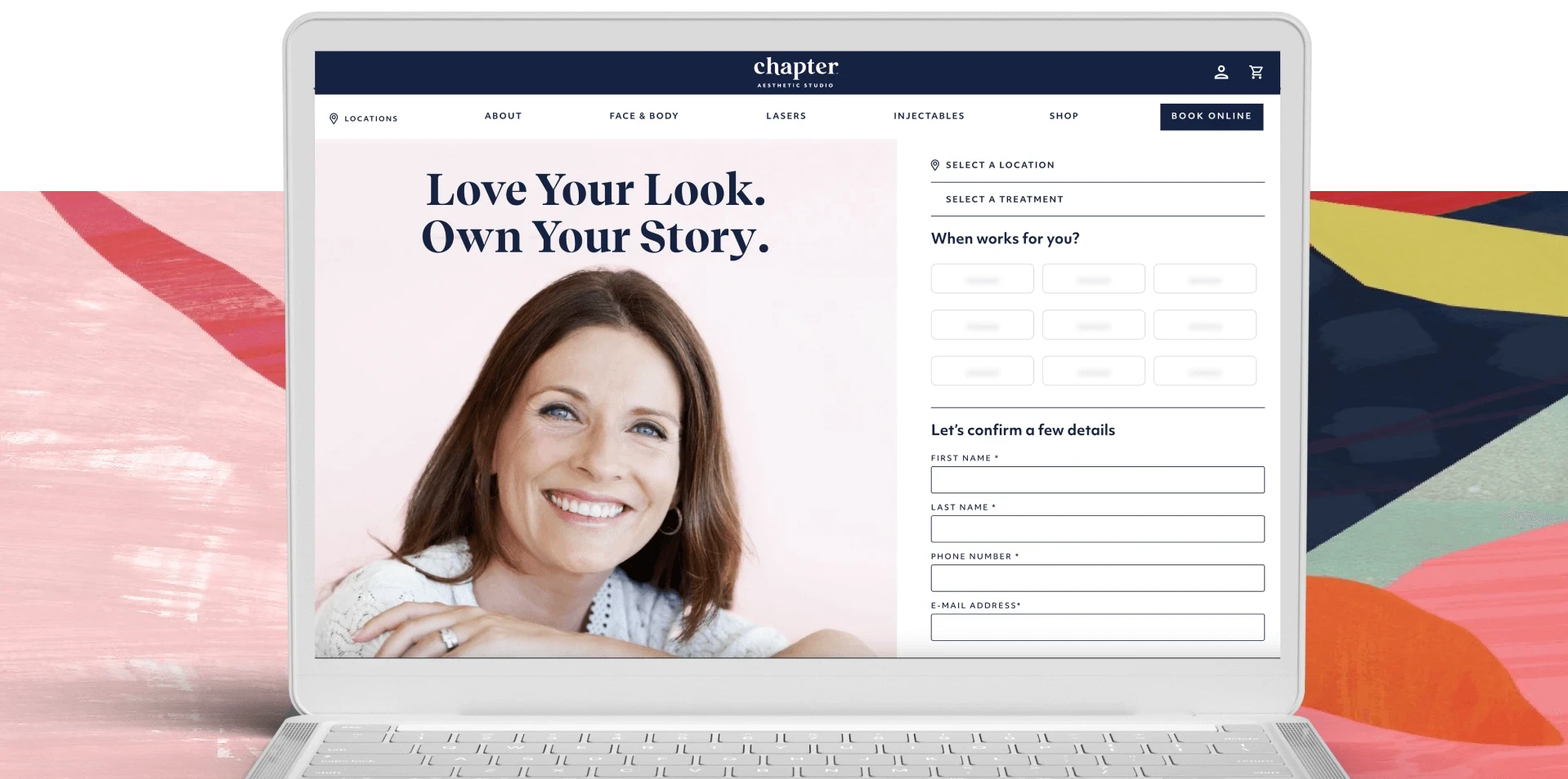 An open laptop screen shows the appointment page of the Chapter Aesthetic Studio website.