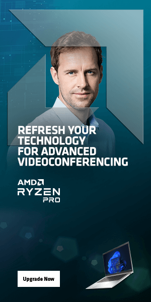 Web banner ad for AMD Ryzen PRO processors featuring an image of a man framed by the AMD logo and the headline, “Refresh your technology for advanced videoconferencing.”