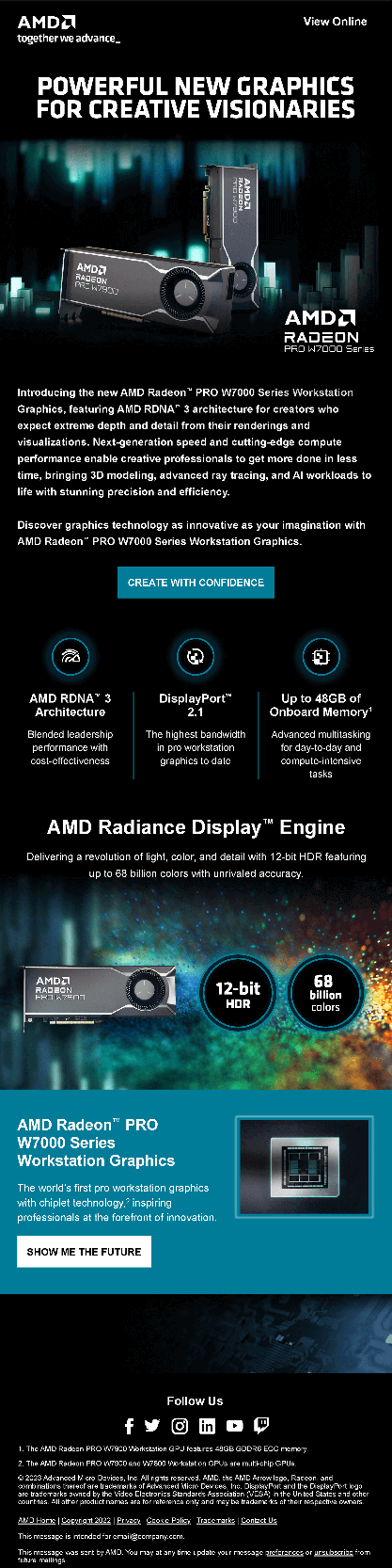 An eblast introducing the advantages of AMD Radeon PRO W7000 Series graphics for creative professionals