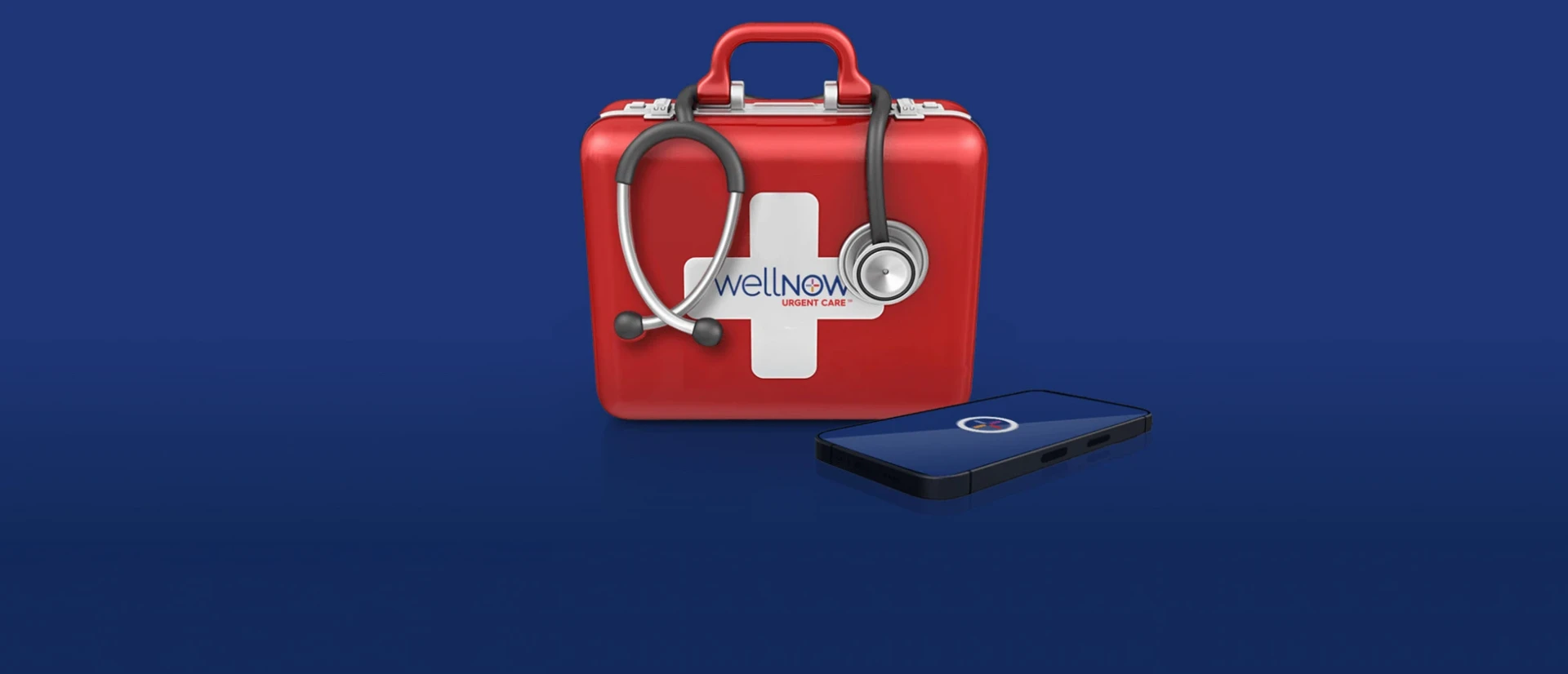 A smart phone, a stethoscope, and a red first aid kit emblazoned with the WellNow Urgent Care logo, are arranged against a blue background.