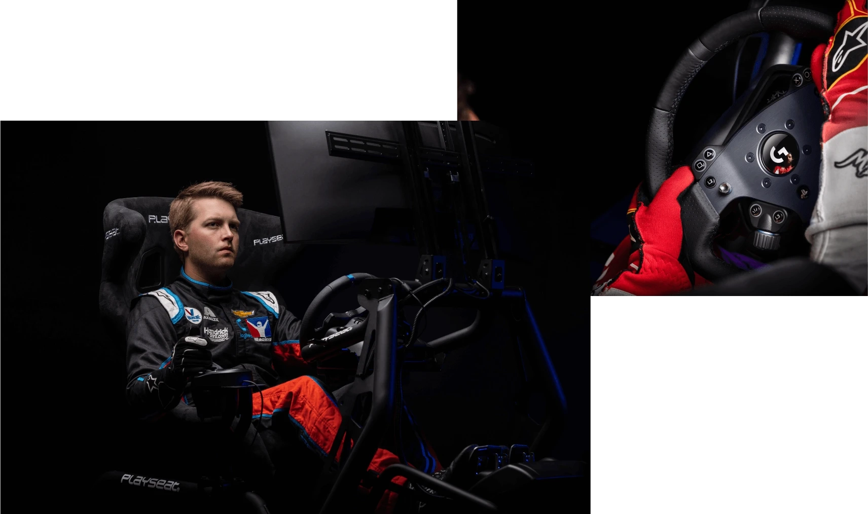 Professional stock car driver William Byron plays a racing simulation using a Logitech G PRO Wheel and Pedals.