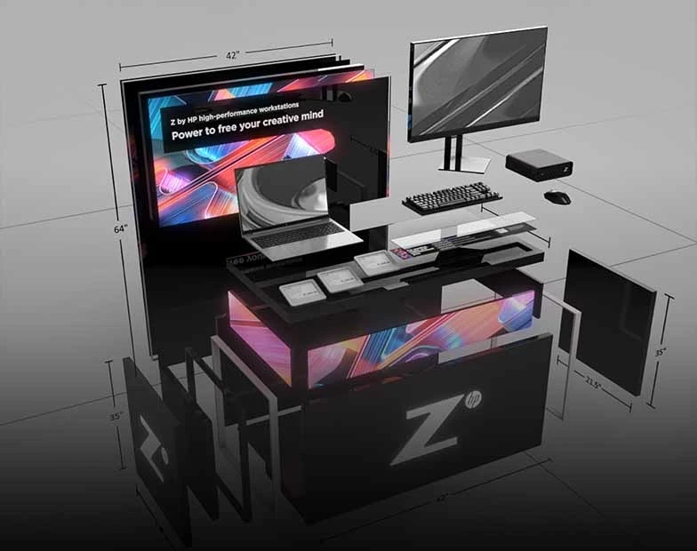 Exploded view of a premium retail endcap display for Z by HP high-performance workstations, with the headline, “Power to free your creative mind.”