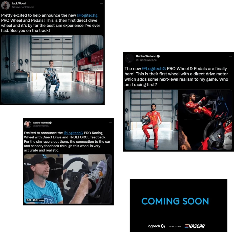 Social media posts by professional drivers Jack Wood, Bubba Wallace, and Denny Hamlin promote the Logitech G PRO Wheel and Pedals.