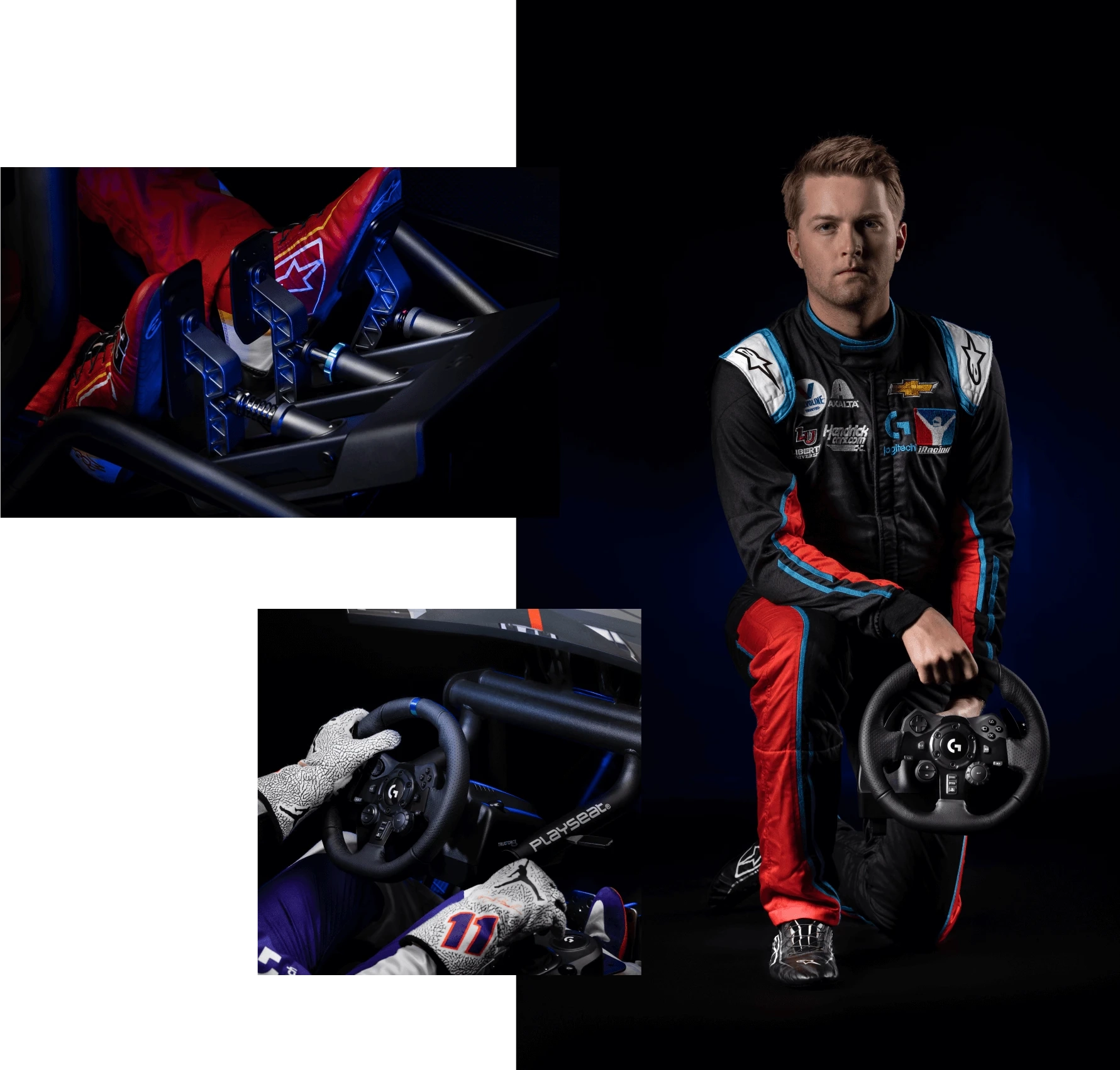 Professional stock car driver William Byron poses with the Logitech G PRO Wheel and Pedals.