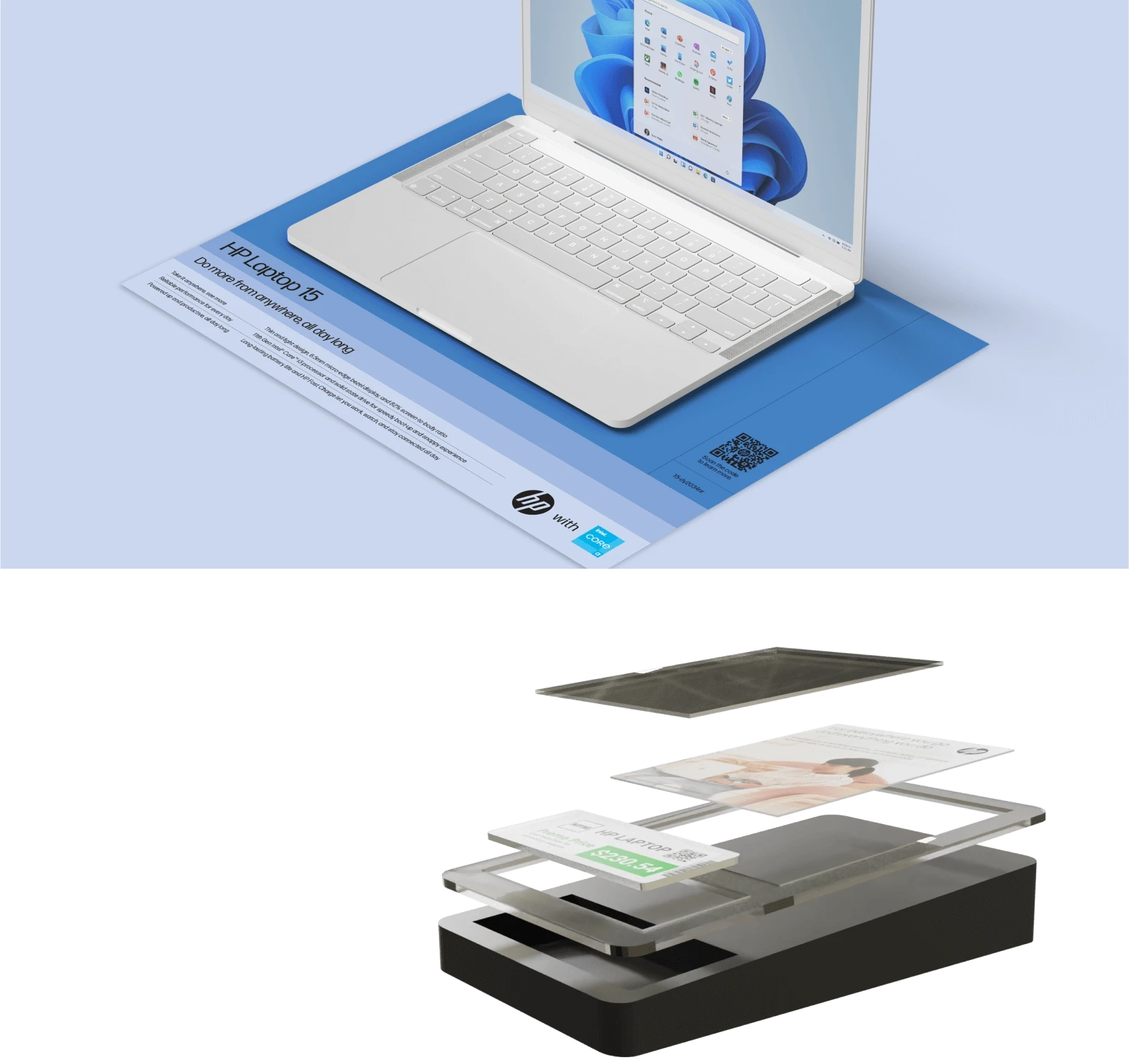 Examples of HP retail merchandising: a laptop computer placed on a product mat, and an exploded view of a premium fact tag holder.