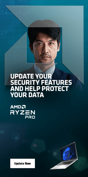 Web banner ad for AMD Ryzen PRO processors featuring an image of a man framed by the AMD logo and the headline, “Update your security features and help protect your data.”