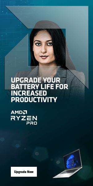 Web banner ad for AMD Ryzen PRO processors featuring an image of a woman framed by the AMD logo and the headline, “Upgrade your battery life for increased productivity.”