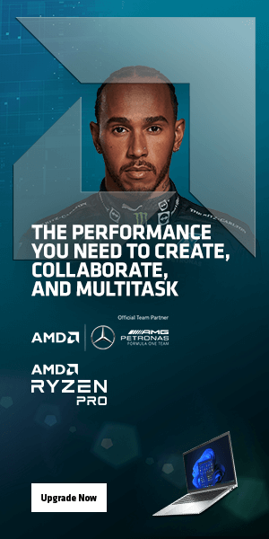 Web banner ad for AMD Ryzen PRO processors featuring an image of a man framed by the AMD logo and the headline, “The performance you need to create, collaborate, and multitask.”
