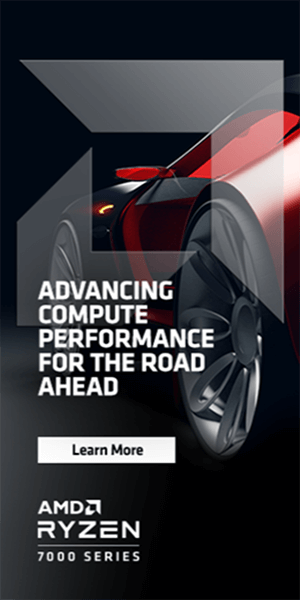 Web banner ad for AMD Ryzen 7000 Series processors featuring an image of a sports car and the headline, “Advancing compute performance for the road ahead.”