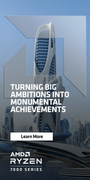 Web banner ad for AMD Ryzen 7000 Series processors featuring an image of a futuristic office building and the headline, “Turning big ambitions into monumental achievements.”