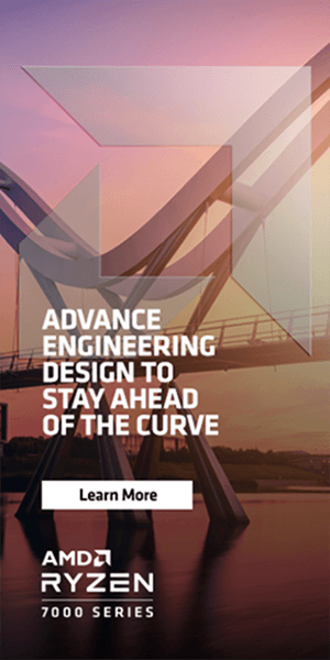 Web banner ad for AMD Ryzen 7000 Series processors featuring an image of a bridge at sunset and the headline, “Advance engineering design to stay ahead of the curve.”