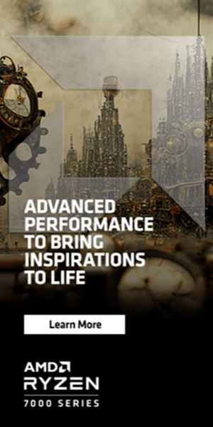 Web banner ad for AMD Ryzen 7000 Series processors featuring an illustrated city and the headline, “Advanced performance to bring inspirations to life.”