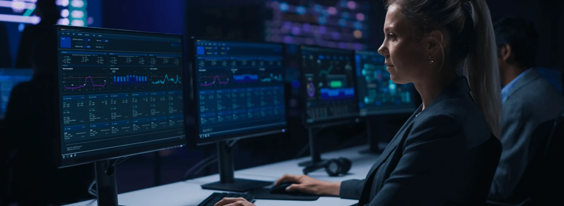 A woman sits in a control center, looking at performance data displayed on a row of computer monitors.