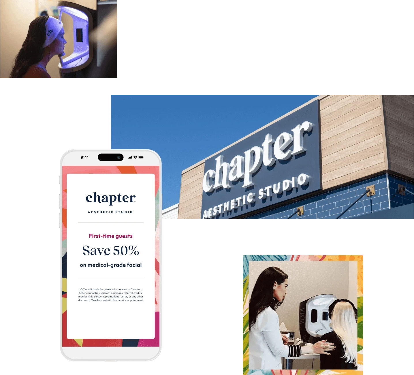 An arrangement of images including the exterior of a Chapter Aesthetic Studio location, a smartphone displaying a promotional offer, and visitors undergoing VISIA skin analysis.