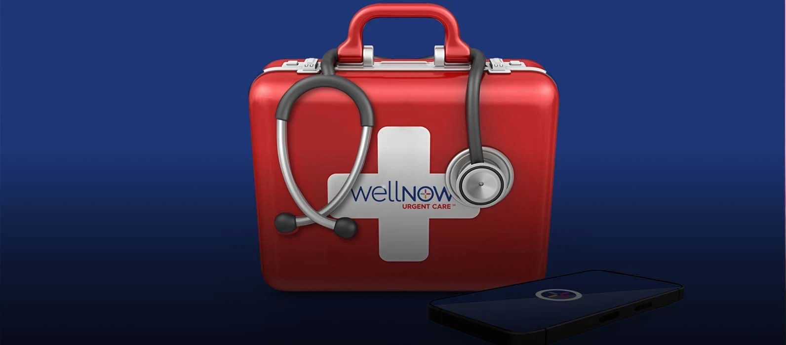 A smart phone, a stethoscope, and a red first aid kit emblazoned with the WellNow Urgent Care logo, are arranged against a blue background.