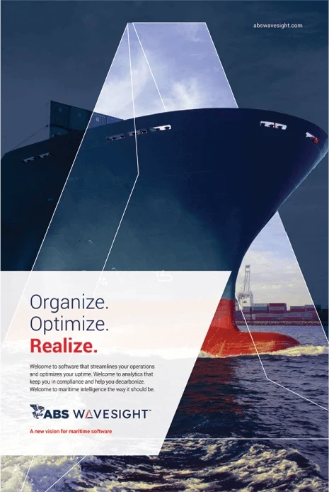 A full-page magazine ad for ABS Wavesight features a cargo ship and the headline, “Organize. Optimize. Realize.”