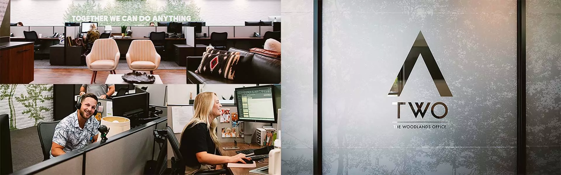 A composite image of scenes from Adcetera’s office in The Woodlands, Texas, including Business Development Director Robbie Ray, Account Executive Jordan Nutt, and the company logo on the frosted glass lobby window. Adcetera is a digital marketing agency.