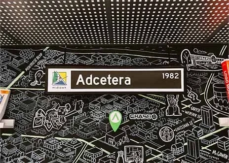 Adcetera’s library conference room features an illustrated map of the Midtown area in Houston, Texas, drawn in white and green on a black wall.